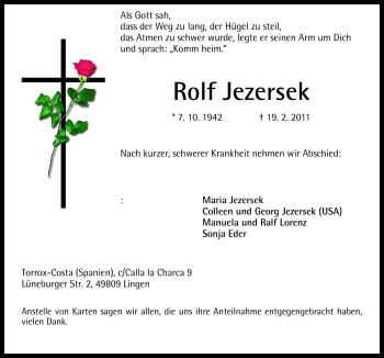 Traueranzeige von Rolf Jezersek von Neue Osnabrücker Zeitung GmbH & Co. KG