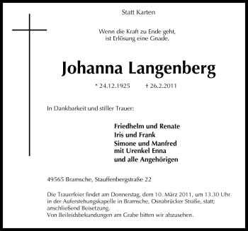 Traueranzeige von Johanna Langenberg von Neue Osnabrücker Zeitung GmbH & Co. KG