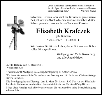 Traueranzeige von Elisabeth Krafczek von Neue Osnabrücker Zeitung GmbH & Co. KG