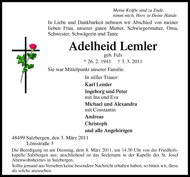  Traueranzeige für Adelheid Lemler vom 07.03.2011 aus Neue Osnabrücker Zeitung GmbH & Co. KG