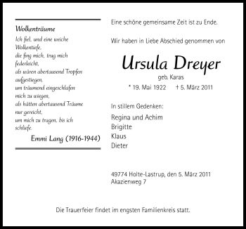 Traueranzeige von Ursula Dreyer von Neue Osnabrücker Zeitung GmbH & Co. KG
