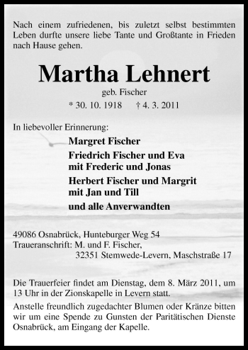 Traueranzeige von Martha Lehnert von Neue Osnabrücker Zeitung GmbH & Co. KG