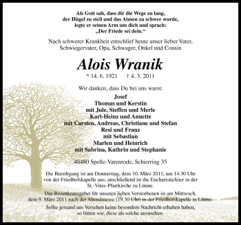 Traueranzeige von Alois Wranik von Neue Osnabrücker Zeitung GmbH & Co. KG