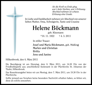 Traueranzeige von Helene Böckmann von Neue Osnabrücker Zeitung GmbH & Co. KG