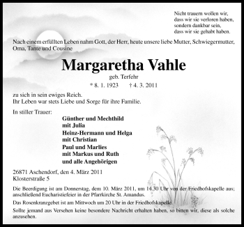 Traueranzeige von Margaretha Vahle von Neue Osnabrücker Zeitung GmbH & Co. KG