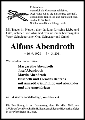 Traueranzeige von Alfons Abendroth von Neue Osnabrücker Zeitung GmbH & Co. KG