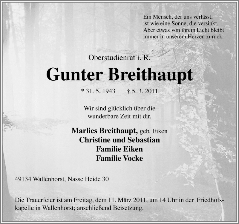  Traueranzeige für Gunter Breithaupt vom 07.03.2011 aus Neue Osnabrücker Zeitung GmbH & Co. KG