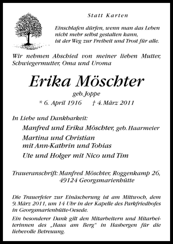 Traueranzeige von Erika Möschter von Neue Osnabrücker Zeitung GmbH & Co. KG