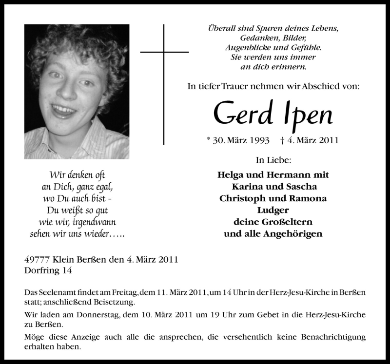  Traueranzeige für Gerd Ipen vom 08.03.2011 aus Neue Osnabrücker Zeitung GmbH & Co. KG