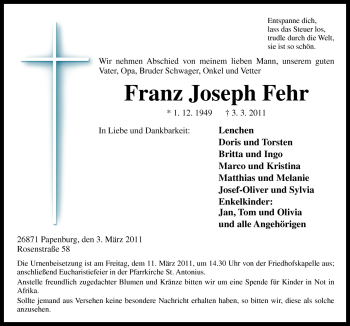 Traueranzeige von Franz Joseph Fehr von Neue Osnabrücker Zeitung GmbH & Co. KG