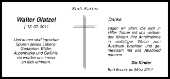 Traueranzeige von Walter Glatzel von Neue Osnabrücker Zeitung GmbH & Co. KG