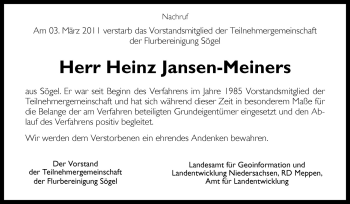 Traueranzeige von Heinz Jansen-Meiners von Neue Osnabrücker Zeitung GmbH & Co. KG