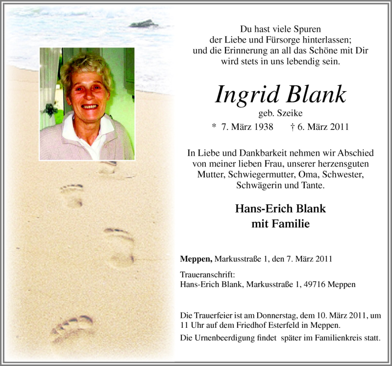  Traueranzeige für Ingrid Blank vom 09.03.2011 aus Neue Osnabrücker Zeitung GmbH & Co. KG