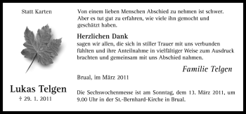 Traueranzeige von Lukas Telgen von Neue Osnabrücker Zeitung GmbH & Co. KG