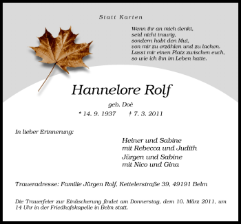 Traueranzeige von Hannelore Rolf von Neue Osnabrücker Zeitung GmbH & Co. KG