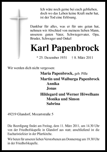 Traueranzeige von Karl Papenbrock von Neue Osnabrücker Zeitung GmbH & Co. KG