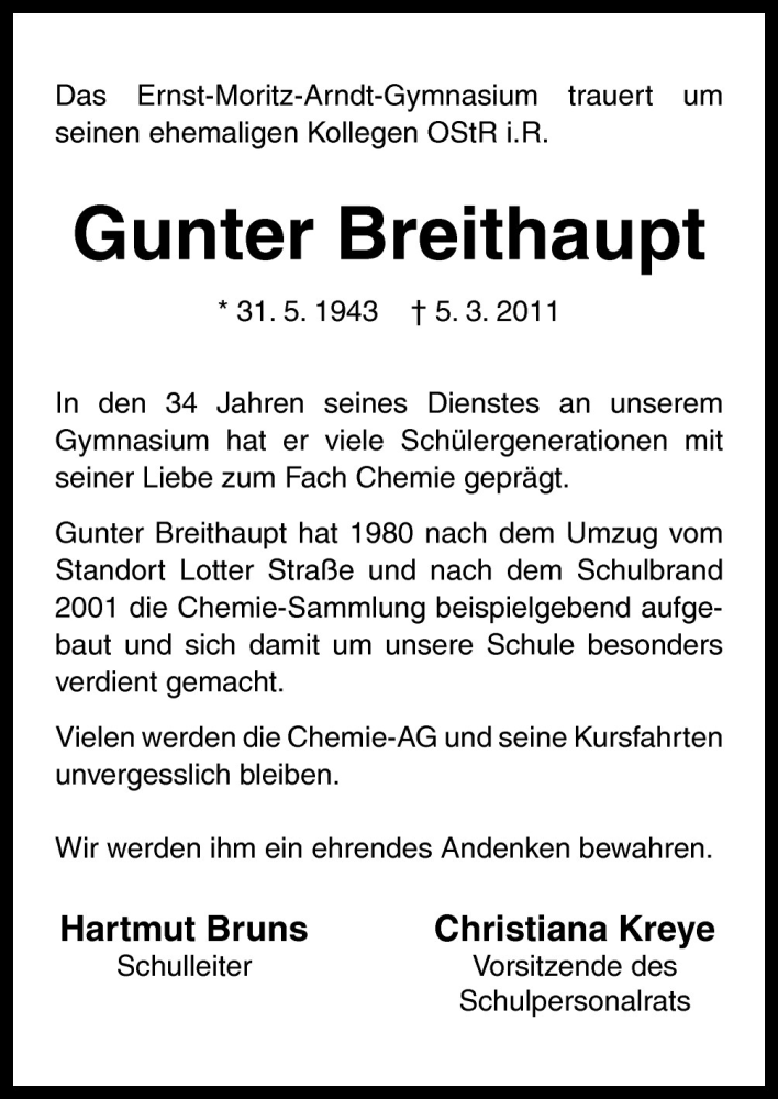  Traueranzeige für Gunter Breithaupt vom 09.03.2011 aus Neue Osnabrücker Zeitung GmbH & Co. KG