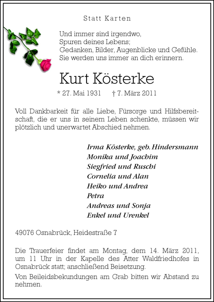  Traueranzeige für Kurt Kösterke vom 12.03.2011 aus Neue Osnabrücker Zeitung GmbH & Co. KG