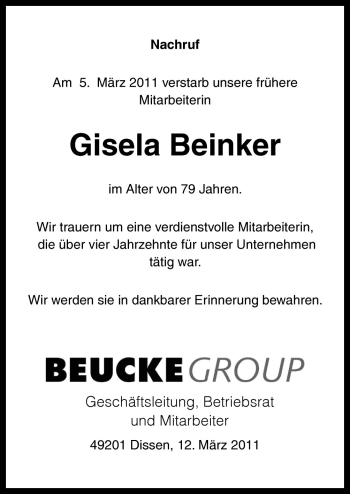 Traueranzeige von Gisela Beinker von Neue Osnabrücker Zeitung GmbH & Co. KG