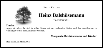 Traueranzeige von Heinz Balshüsemann von Neue Osnabrücker Zeitung GmbH & Co. KG