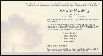 Traueranzeige von Josefa Rohling von Neue Osnabrücker Zeitung GmbH & Co. KG