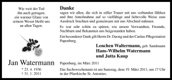 Traueranzeige von Jan Watermann von Neue Osnabrücker Zeitung GmbH & Co. KG