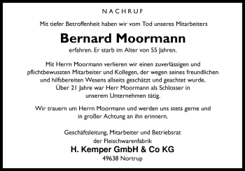 Traueranzeige von Bernhard Moormann von Neue Osnabrücker Zeitung GmbH & Co. KG
