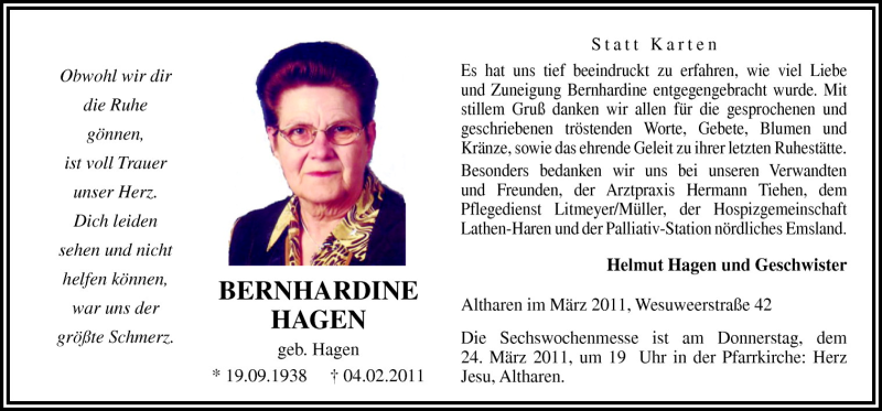  Traueranzeige für Bernhardine Hagen vom 19.03.2011 aus Neue Osnabrücker Zeitung GmbH & Co. KG