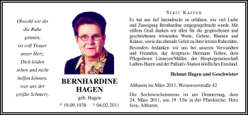 Traueranzeige von Bernhardine Hagen von Neue Osnabrücker Zeitung GmbH & Co. KG