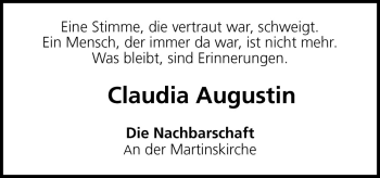 Traueranzeige von Claudia Augustin von Neue Osnabrücker Zeitung GmbH & Co. KG