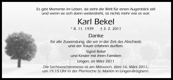 Traueranzeige von Karl Bekel von Neue Osnabrücker Zeitung GmbH & Co. KG
