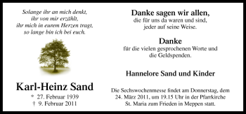 Traueranzeige von Karl-Heinz Sand von Neue Osnabrücker Zeitung GmbH & Co. KG
