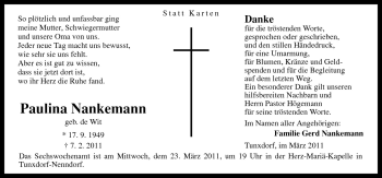 Traueranzeige von Paulina Nankemann von Neue Osnabrücker Zeitung GmbH & Co. KG