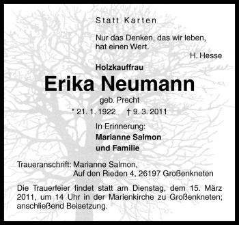 Traueranzeige von Erika Neumann von Neue Osnabrücker Zeitung GmbH & Co. KG