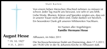 Traueranzeige von August Hesse von Neue Osnabrücker Zeitung GmbH & Co. KG