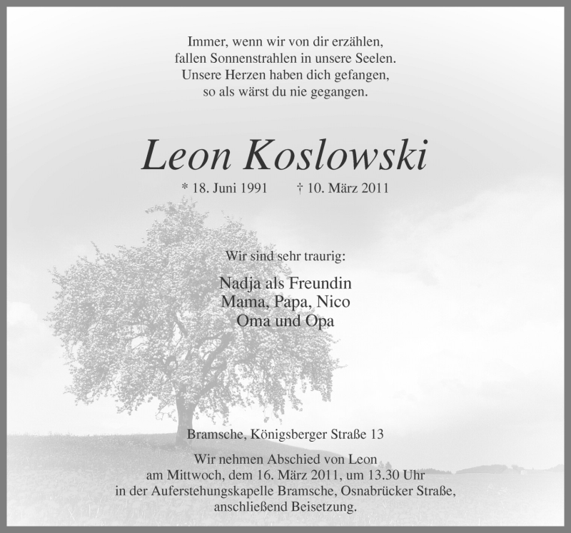  Traueranzeige für Leon Koslowski vom 12.03.2011 aus Neue Osnabrücker Zeitung GmbH & Co. KG