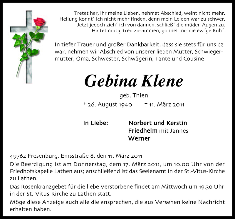  Traueranzeige für Gebina Klene vom 14.03.2011 aus Neue Osnabrücker Zeitung GmbH & Co. KG