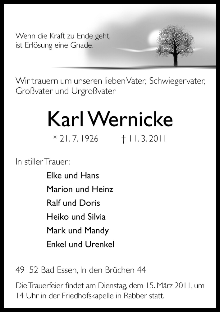  Traueranzeige für Karl Wernicke vom 14.03.2011 aus Neue Osnabrücker Zeitung GmbH & Co. KG