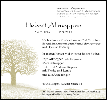 Traueranzeige von Hubert Altmeppen von Neue Osnabrücker Zeitung GmbH & Co. KG