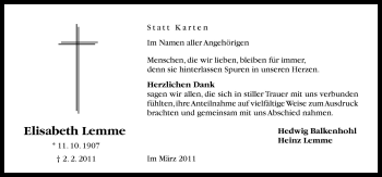 Traueranzeige von Elisabeth Lemme von Neue Osnabrücker Zeitung GmbH & Co. KG