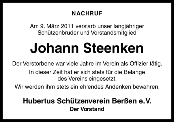 Traueranzeige von Johann Steenken von Neue Osnabrücker Zeitung GmbH & Co. KG