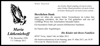 Traueranzeige von Maria Lütkeniehoff von Neue Osnabrücker Zeitung GmbH & Co. KG