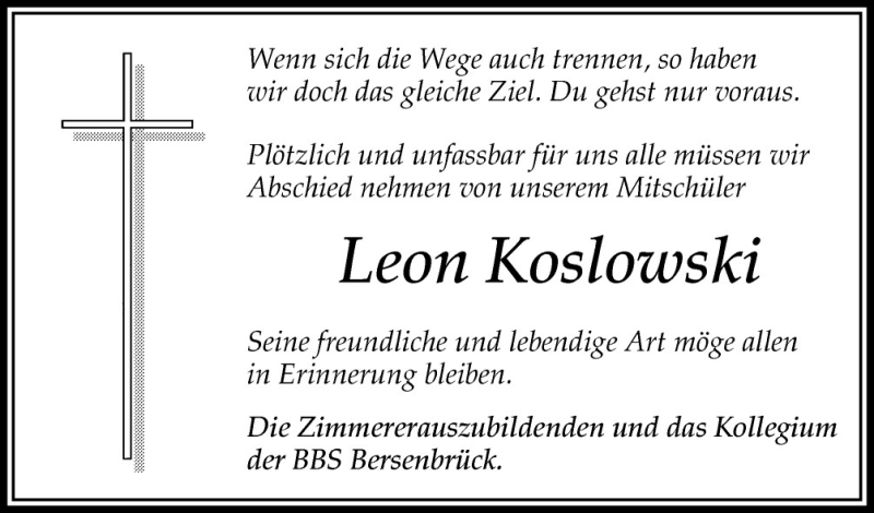 Traueranzeige für Leon Koslowski vom 16.03.2011 aus Neue Osnabrücker Zeitung GmbH & Co. KG