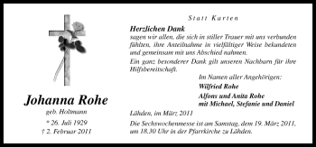 Traueranzeige von Johanna Rohe von Neue Osnabrücker Zeitung GmbH & Co. KG