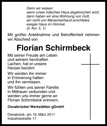 Traueranzeige von Florian Schirmbeck von Neue Osnabrücker Zeitung GmbH & Co. KG