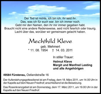 Traueranzeige von Mechthild Kleve von Neue Osnabrücker Zeitung GmbH & Co. KG