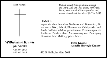 Traueranzeige von Wilhelmine Krause von Neue Osnabrücker Zeitung GmbH & Co. KG