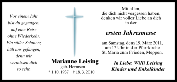 Traueranzeige von Marianne Leising von Neue Osnabrücker Zeitung GmbH & Co. KG