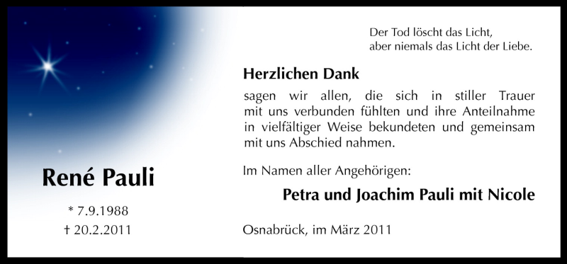  Traueranzeige für René Pauli vom 19.03.2011 aus Neue Osnabrücker Zeitung GmbH & Co. KG