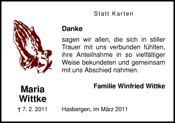 Traueranzeige von Maria Wittke von Neue Osnabrücker Zeitung GmbH & Co. KG